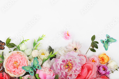 Spring or summer flower composition, still life, banner, minimal holiday concept. Greeting card for mother's day, women's day, valentine's day, happy birthday, wedding, selective focus,
