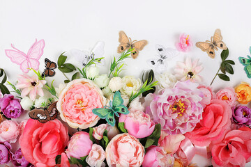 Holiday concept with flowers, spring or summer composition, still life, banner. Greeting card for mothers day, womens day, lovers day, happy birthday, wedding, selective focus,