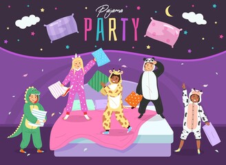 Pajama party. Happy children fight with pillows, kids animals costumes party, boys and girls jump on bed friends sleepover holiday, night starry sky. Invitation card vector cartoon concept