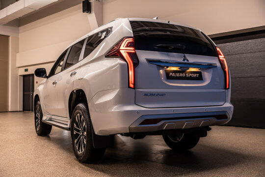 Moscow, Russia - February 17, 2021: All new Mitsubishi Pajero Sport. Details. Closeup of