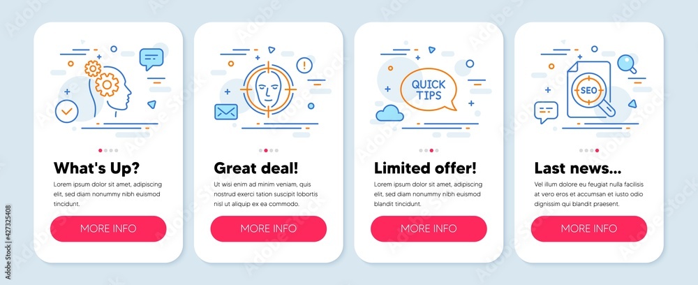 Poster set of technology icons, such as face detect, thoughts, quickstart guide symbols. mobile app mockup 