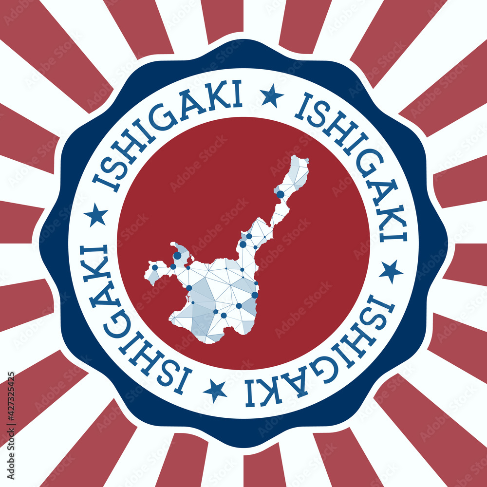 Poster ishigaki badge. round logo of island with triangular mesh map and radial rays. eps10 vector.