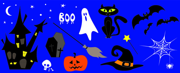 Halloween set collection elements on blue background for greetings. Spider, bats, cat, wizard hat, moon, castle, cemetery, pumpkin isolated icons. Vector illustration.
