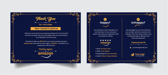 Modern creative luxurious amazon thank you card print ready premium vector with elegant golden color