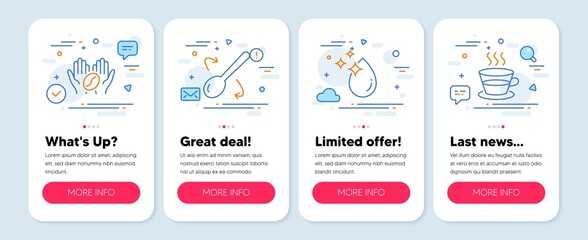 Set of Food and drink icons, such as Water drop, Cooking spoon, Coffee symbols. Mobile screen mockup banners. Coffee cup line icons. Crystal aqua, Cutlery, Roasted bean. Tea mug. Vector