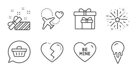 Fototapeta premium Fireworks explosion, Broken heart and Shopping cart line icons set. Honeymoon travel, Delivery boxes and Be mine signs. Ice cream, Present symbols. Quality line icons. Vector