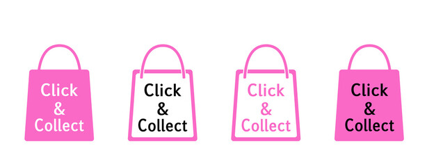 Obraz premium „Click & Collect“ Icons Einkaufstüten, Einkaufstaschen, Tragetaschen, in pink, Reklame Hintergrund, Einkaufen mit Termin, Vektor Illustration isoliert auf weißem Hintergrund 