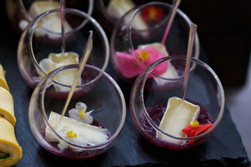 Delicious snacks at the banquet. Catering on banquet.