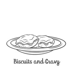 Biscuits and gravy outline vector icon. Drawn American biscuits covered with thick white sausage gravy.