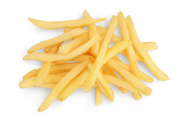 French fries or fried potatoes isolated on white background with clipping path and full depth of field. Top view. Flat lay