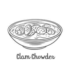 Clam chowder soup bowl outline vector icon. Drawn Traditional American cream soup with clams and broth.