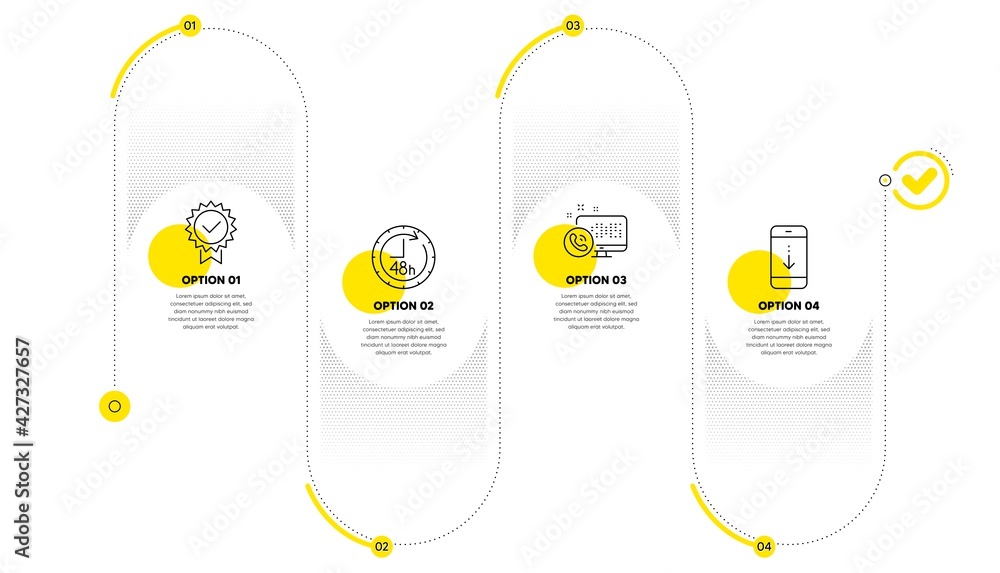 Aufkleber certificate, 48 hours and web call line icons set. timeline process infograph. scroll down sign. ver