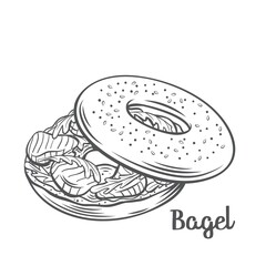 Bagel with cream cheese and smoked salmon. Drawn traditional sandwich with cream cheese and salmon. New York Bagel outline vector illustration.