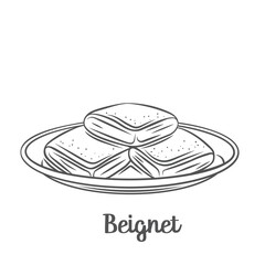 Beignet donuts with powdered sugar. Drawn homemade new orleans traditional donuts on the plate outline vector illustration.