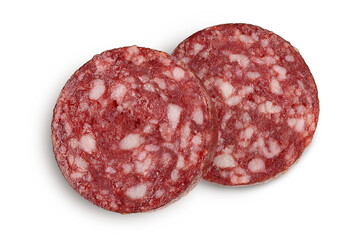 Smoked sausage salami slices isolated on white background with clipping path and full depth of...