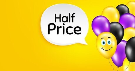 Half Price. Smile balloon vector background. Special offer Sale sign. Advertising Discounts symbol. Birthday balloon background. Half price speech bubble. Celebrate yellow banner. Vector
