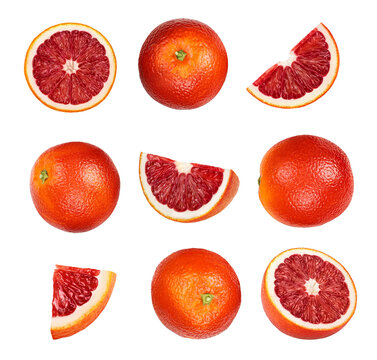 Blood red oranges isolated on white background. Top view. Flat lay. Set or collection
