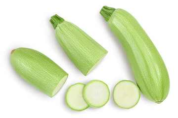 zucchini or marrow isolated on white background with clipping path and full depth of field. Top view. Flat lay