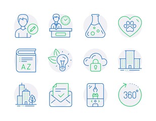 Business icons set. Included icon as Pets care, Vocabulary, Cloud protection signs. Approved mail, Eco energy, Skyscraper buildings symbols. University campus, Chemistry lab, Edit person. Vector
