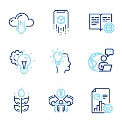 Science icons set. Included icon as Internet book, Idea, Report signs. Cloud download, Idea gear, Sharing economy symbols. Gluten free, Augmented reality line icons. Line icons set. Vector