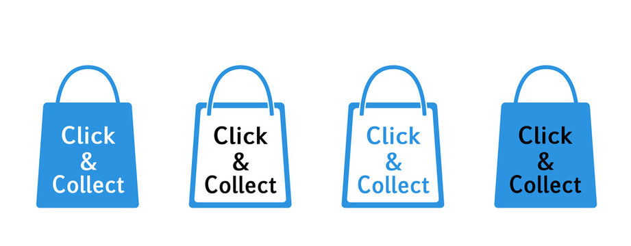 „Click & Collect“ Icons Einkaufstüten, Einkaufstaschen, Tragetaschen, in blau, 
Reklame Hintergrund, Einkaufen mit Termin, 
Vektor Illustration isoliert auf weißem Hintergrund
