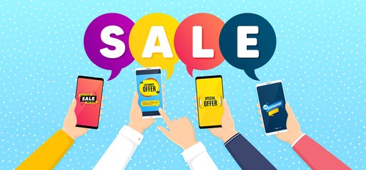 Sale banner, Approved bubble and Last minute offer set. Banner with mobile phones in hands. Special offer sticker. Discount speech bubble, promo tag. Promotional sale sticker banner. Vector