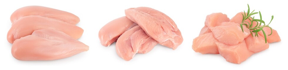 Fresh chicken fillet isolated on white background with full depth of field. Set or collection