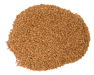 heap of uncooked buckwheat grains isolated on white background, top view