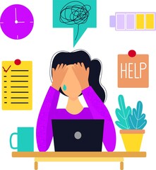 Burnout  concept. Tired woman working in the office. Vector illustration