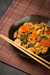 Yakisoba noodles. Yakisoba dish with meat, chicken and vegetables.