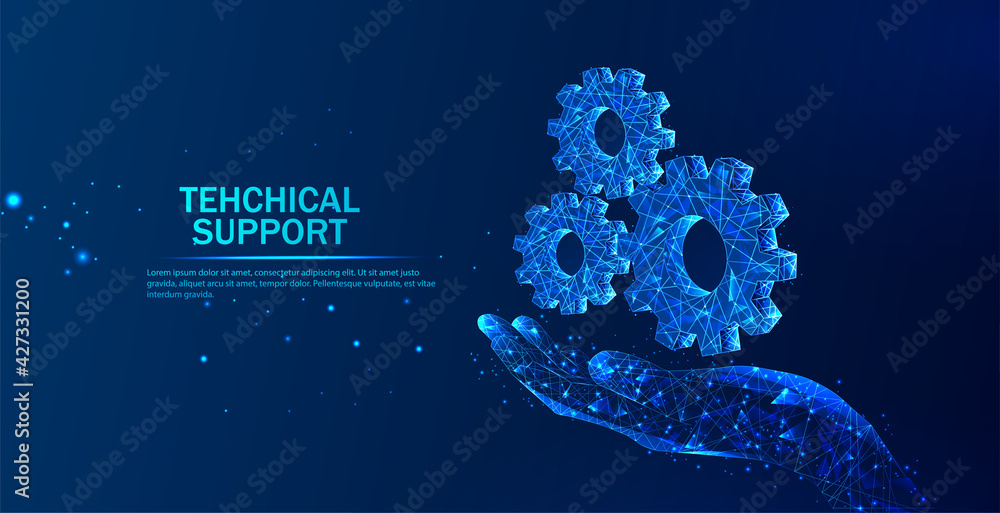 Poster abstract giving hand with cogwheels. technical support system. software development. abstract vector