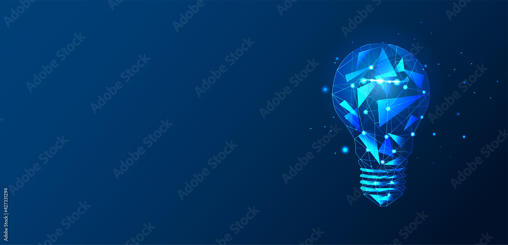Poster light bulb low poly design with connecting dots, stars. internet technology triangle icon polygonal 