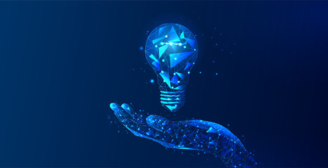 Abstract hand holding light bulb. The Internet technology triangle icon is a concept of a polygonal network. An idea, electricity, innovation, or other conceptual illustration or background. © varflolomey