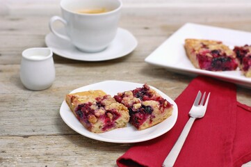 Wholegrain cake with forrest fruit on white plate