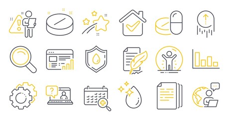 Set of Science icons, such as Web report, Recovered person, Water drop symbols. Swipe up, Histogram, Medical calendar signs. Copy documents, Medical tablet, Settings gears. Search, Faq. Vector