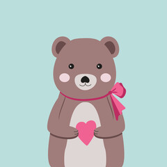 Vector animal on a blue background. Cute baby bear holding heart in his hands. Teddy bear with a bow on the neck. Ideal for poster prints for the playroom. Or for the design of the site of a kids shop