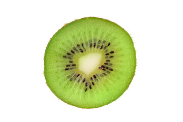 Naklejka na ściany i meble Closeup slice of one green kiwi fruit isolated on white background.