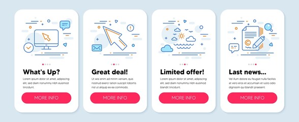 Set of Business icons, such as Travel sea, Internet, Mouse cursor symbols. Mobile screen app banners. Copywriting line icons. Summer holidays, Monitor with cursor, Click arrow. Vector