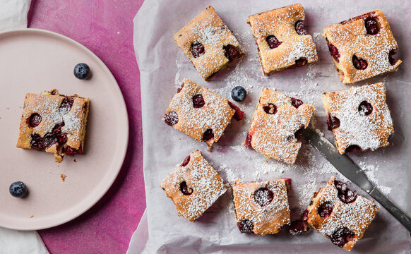 freshly baked sponge cake with fruits 