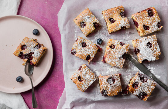 freshly baked sponge cake with fruits 