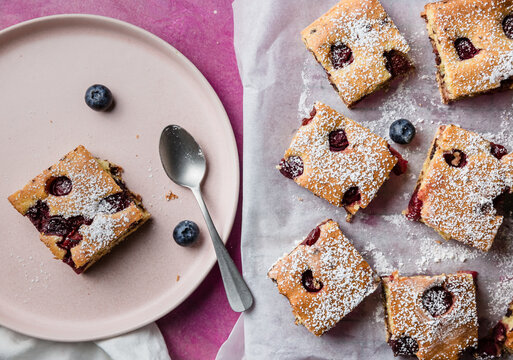freshly baked sponge cake with fruits 