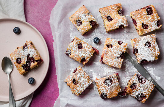 freshly baked sponge cake with fruits 