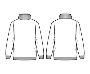 Sweater Exaggerated Turtleneck technical fashion illustration with long sleeves, oversized, hip length, knit rib trim. Flat apparel front, back, white color style. Women, men unisex CAD mockup