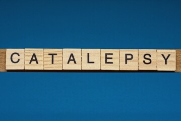 gray word catalepsy in small square wooden letters with black font on a blue background