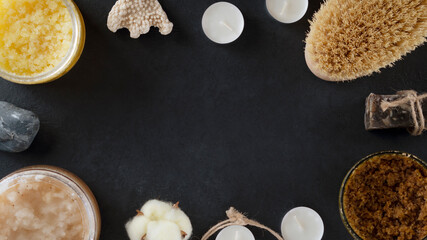 Natural sugar and citrus body scrubs protect skin with vitamins and minerals. Anti cellulite dry brush for perfect skin. Spa salon concept. Homemade cosmetics for peeling and spa care. Copy space.