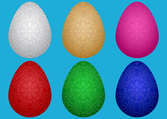 Set of Easter chicken eggs in different colors with ethnic geometric stylish pattern on a light blue background.