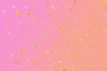Golden silver sparkling fly confetti on pink-orange background. Holiday effect