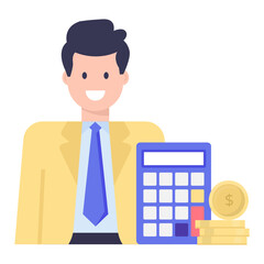 
Man with calculator and coins denoting flat icon of accountant 

