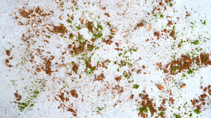 Background covered by matcha tea powder, coconut powder and cocoa powder. Healthy eating. Selective focus. Top view. 