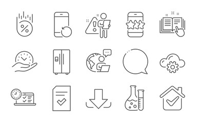 Speech bubble, Technical documentation and Checked file line icons set. Safe time, Loan percent and Cloud computing signs. Recovery phone, Download and Star symbols. Line icons set. Vector